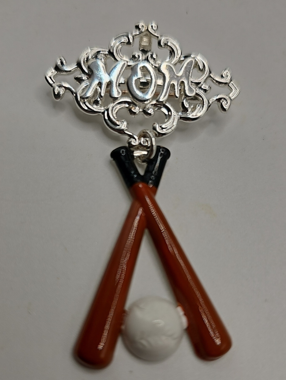Mom Baseball Bat and Ball Pendant Necklace Or Brooch Silver & Brown By BEST